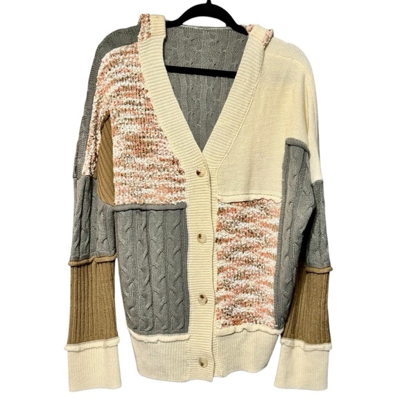Chunky Mixed Media Long Sleeve Hooded Button Front Boho Sweater Cardigan Large - Picture 2 of 10